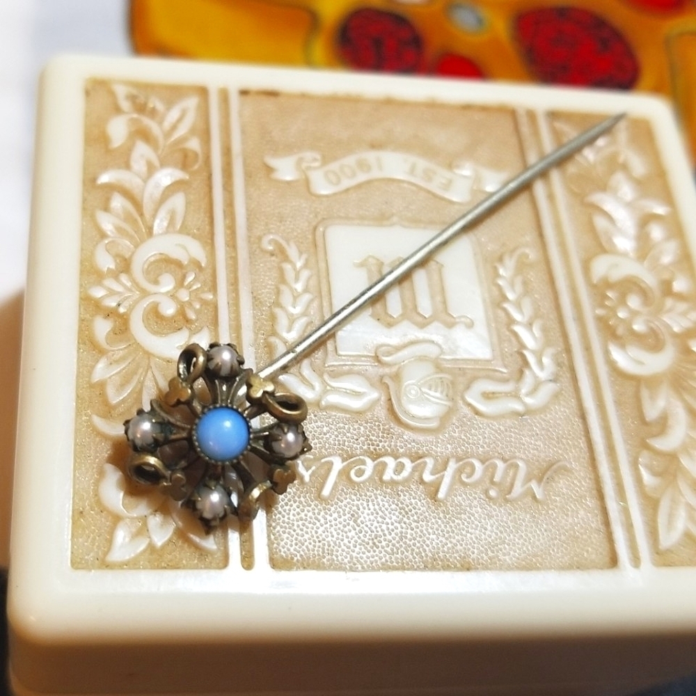 VICTORIAN Era 1800s Opal Seed Pearl GF Stick Pin